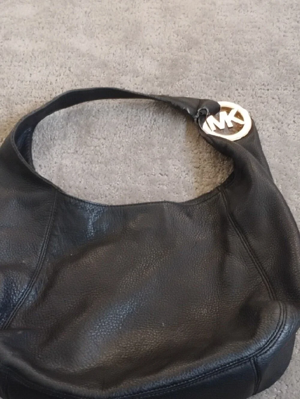 Michael Kors Black Leather Shoulder Hobo with Gold MK Charm